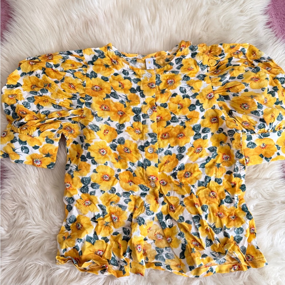 Yellow Floral Button-Front Puff Sleeve Top